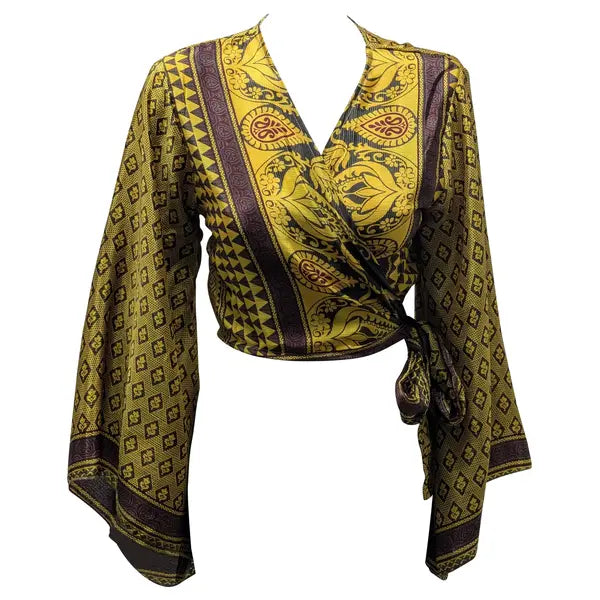 RETRO BELL SLEEVES FRONT KNOT CROP TOP WRAP BLOUSE FREE SIZE UP TO 16 P133