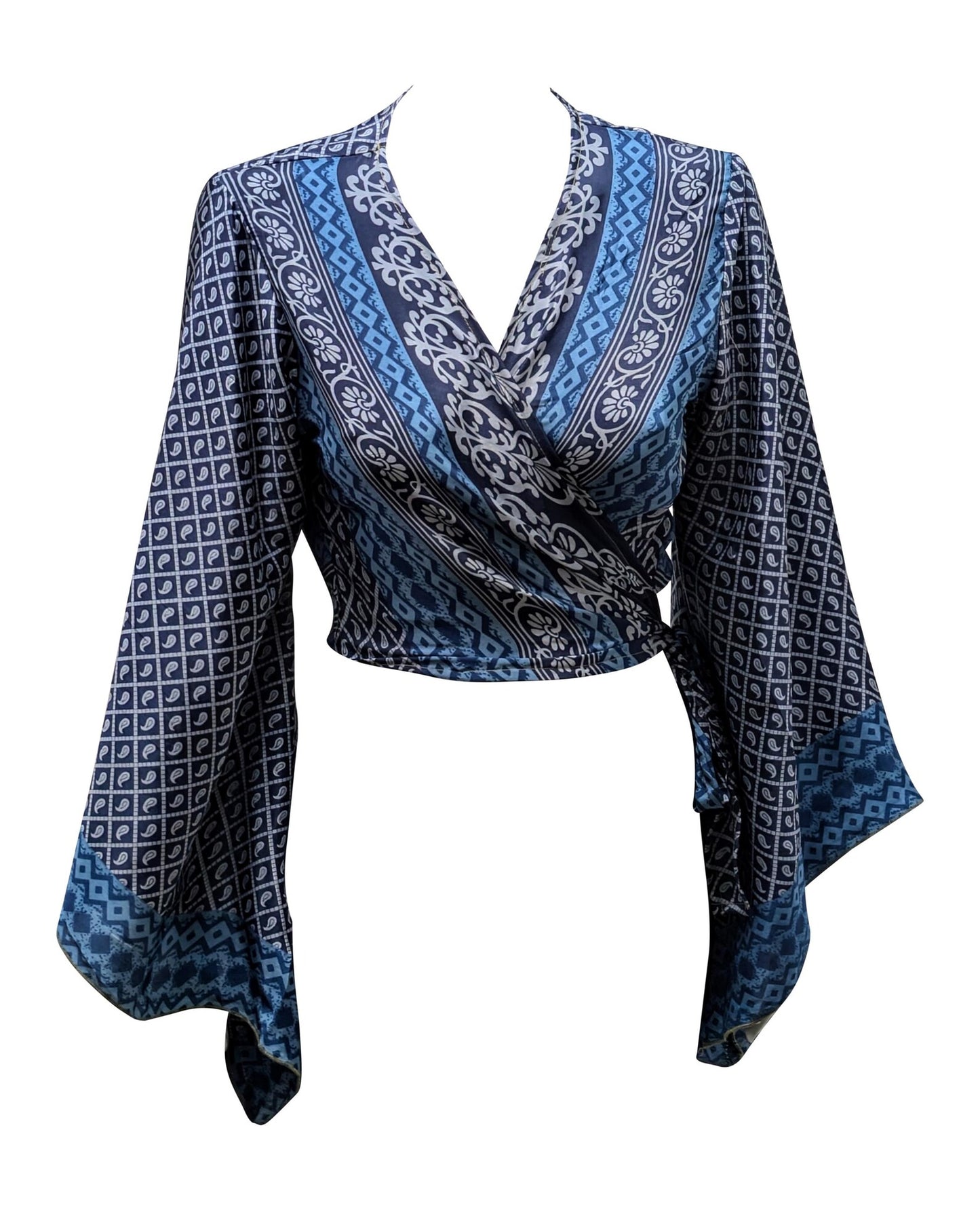 RETRO BELL SLEEVES FRONT KNOT CROP TOP WRAP BLOUSE FREE SIZE UP TO 16 P135