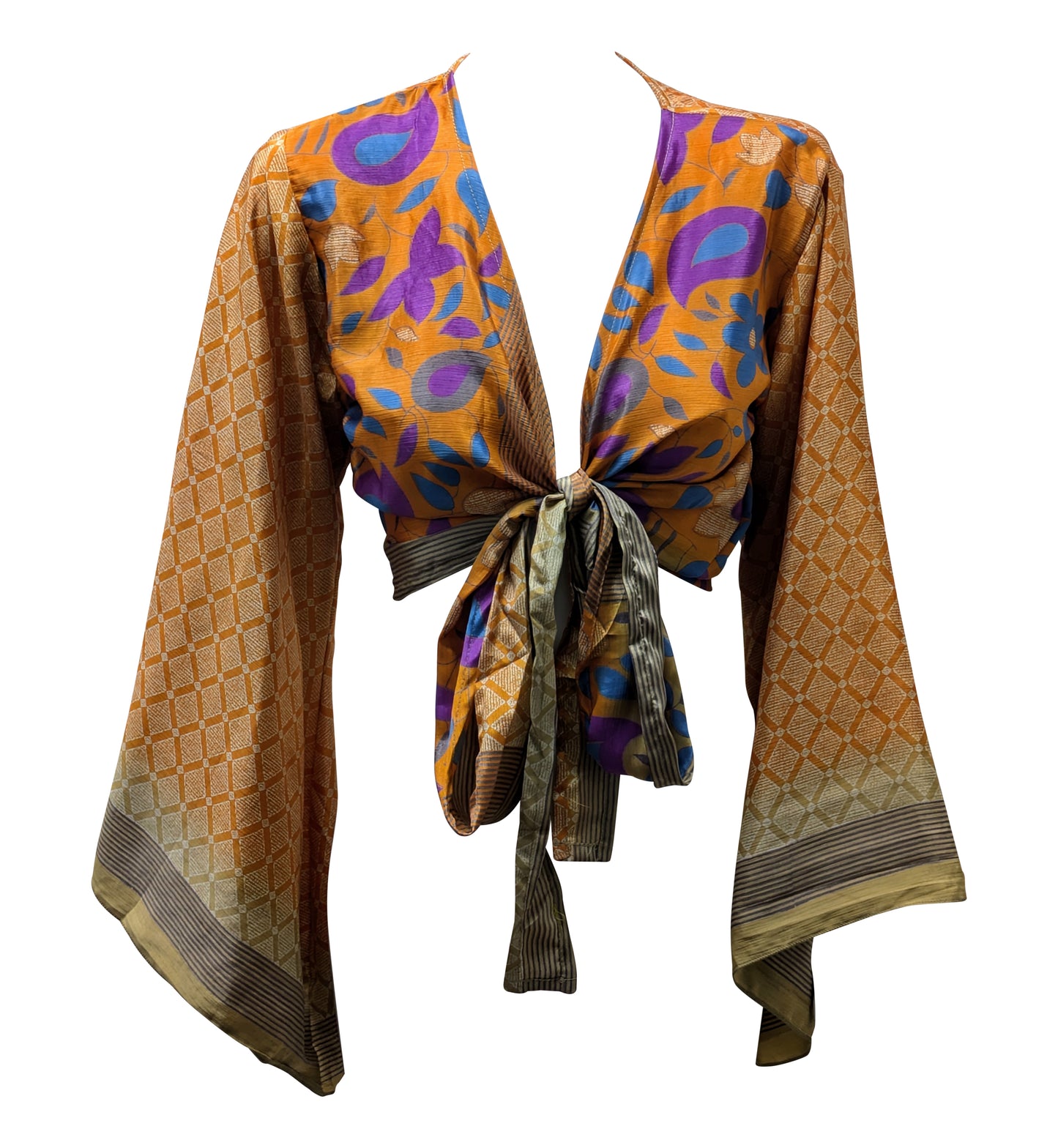 RETRO BELL SLEEVES FRONT KNOT CROP TOP WRAP BLOUSE FREE SIZE UP TO 16 P140