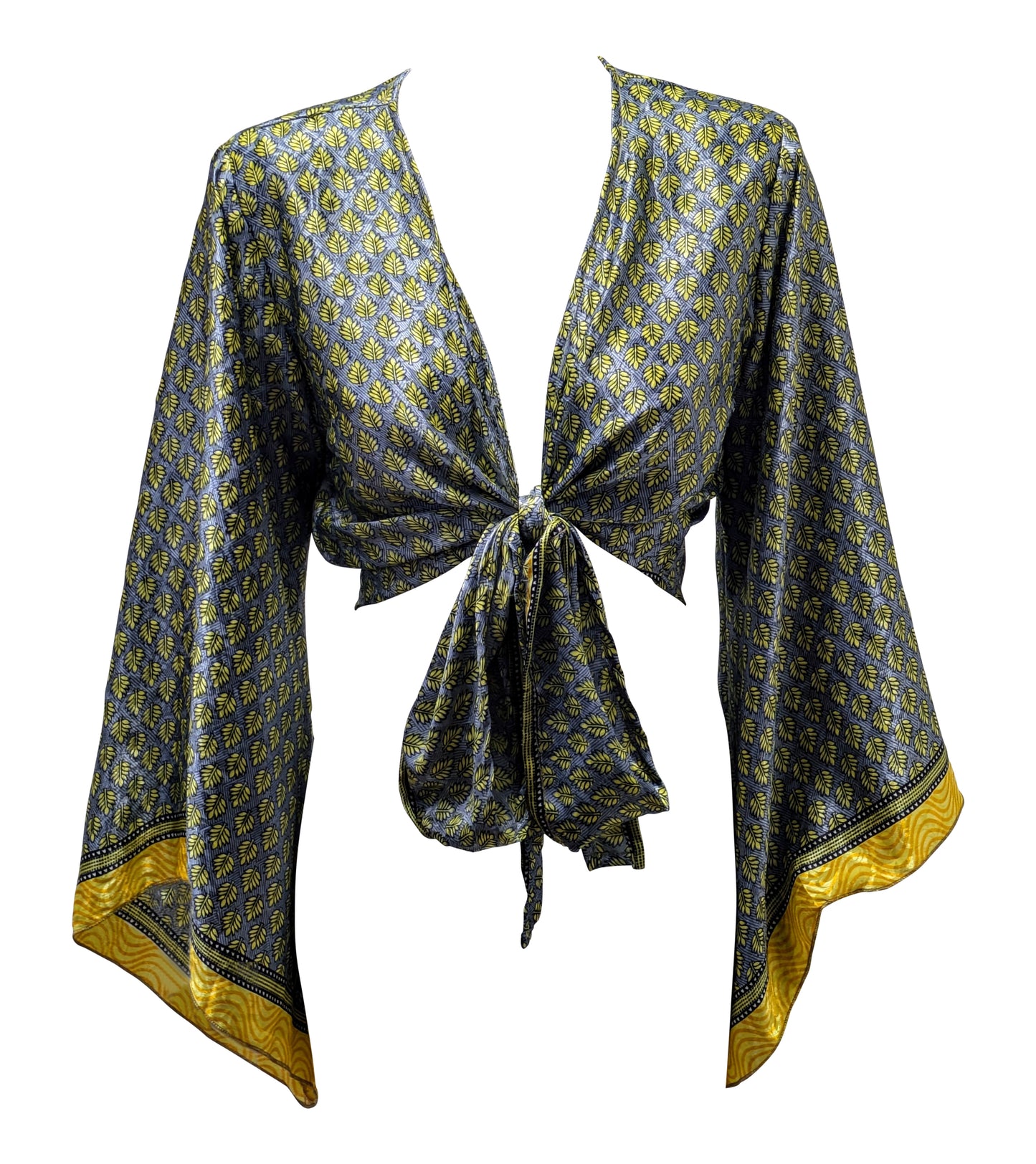 RETRO BELL SLEEVES FRONT KNOT CROP TOP WRAP BLOUSE FREE SIZE UP TO 16 P141