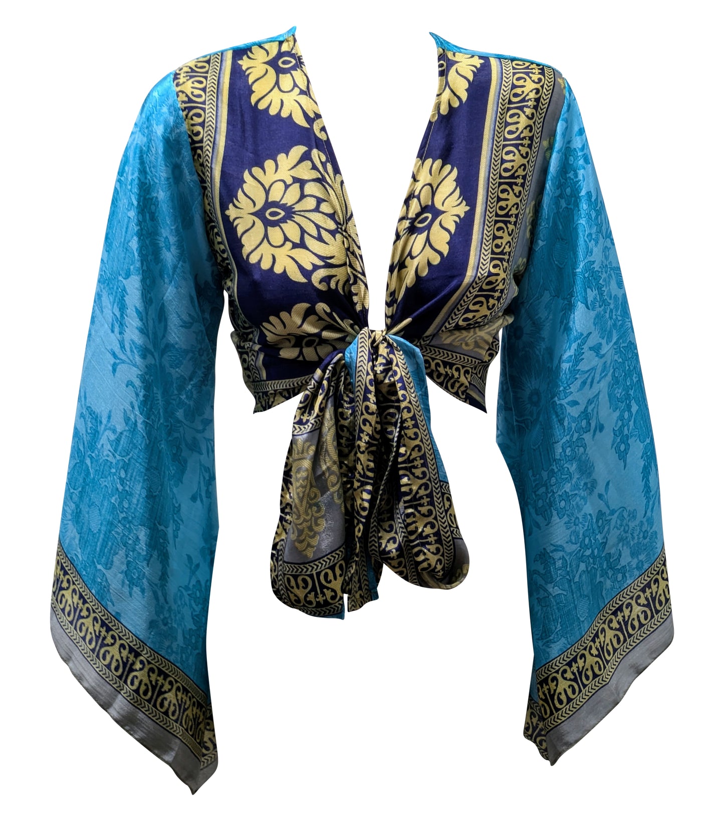 RETRO BELL SLEEVES FRONT KNOT CROP TOP WRAP BLOUSE FREE SIZE UP TO 16 P145