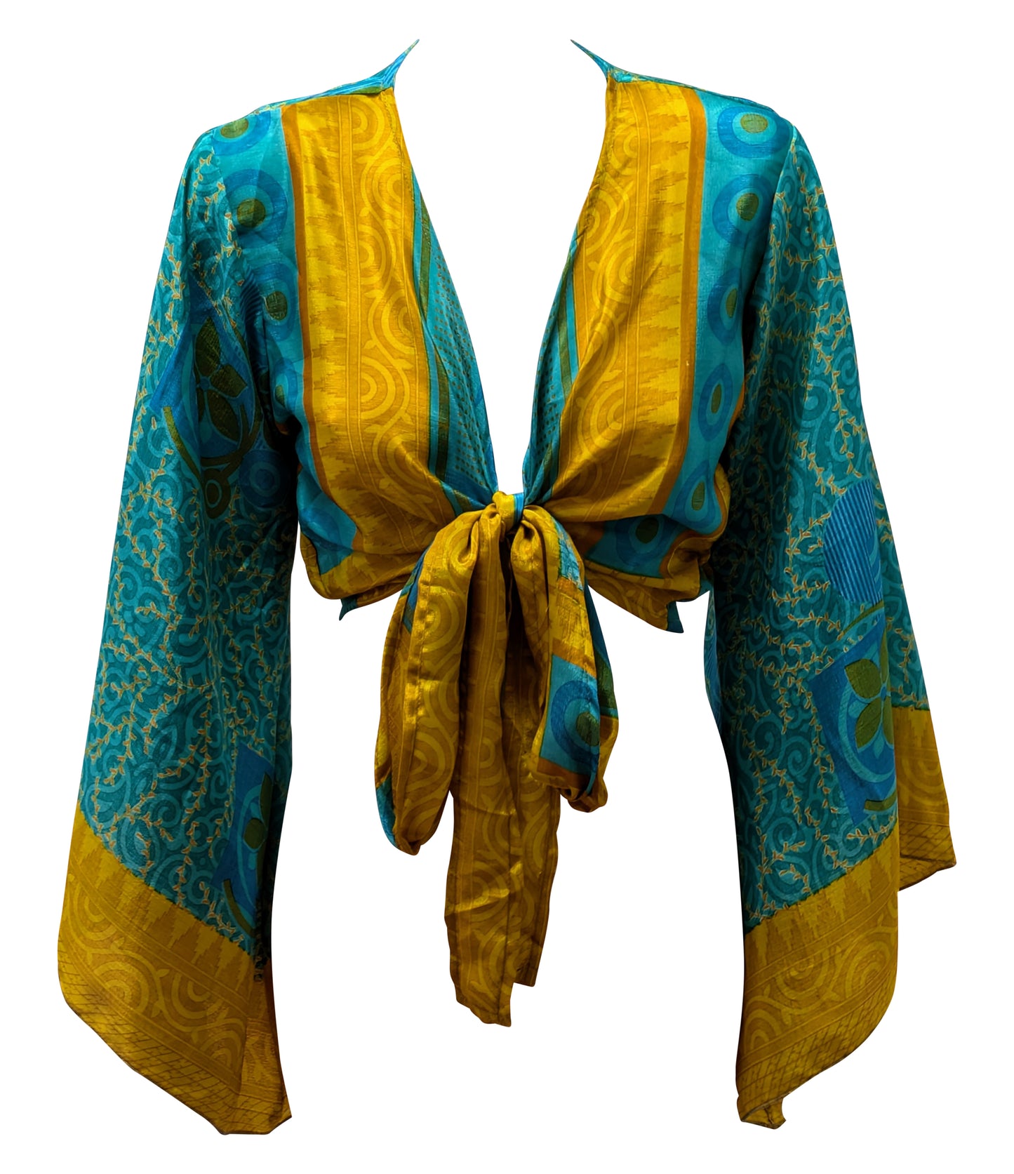 RETRO BELL SLEEVES FRONT KNOT CROP TOP WRAP BLOUSE FREE SIZE UP TO 16 P146