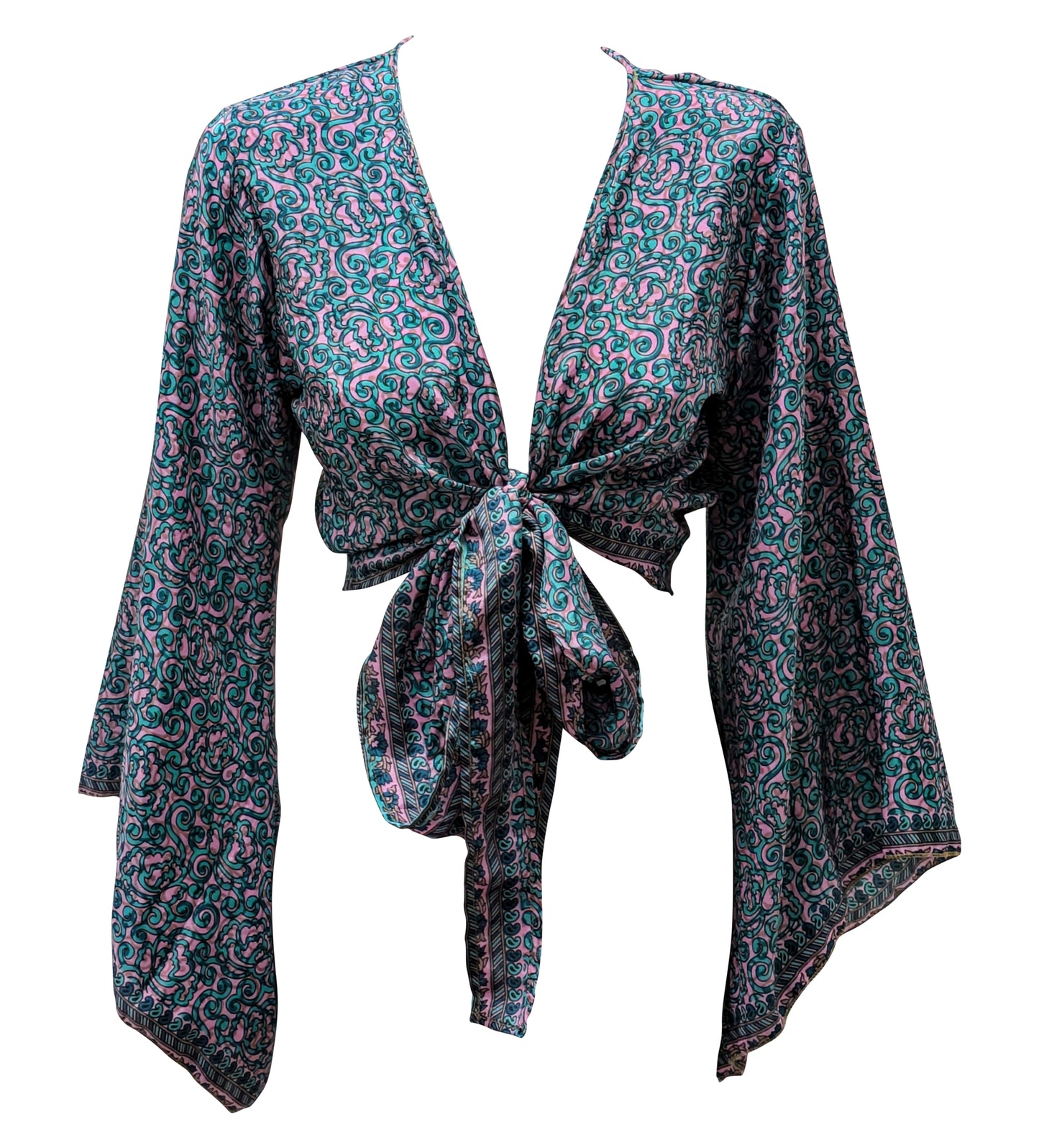 RETRO BELL SLEEVES FRONT KNOT CROP TOP WRAP BLOUSE FREE SIZE UP TO 16 P150