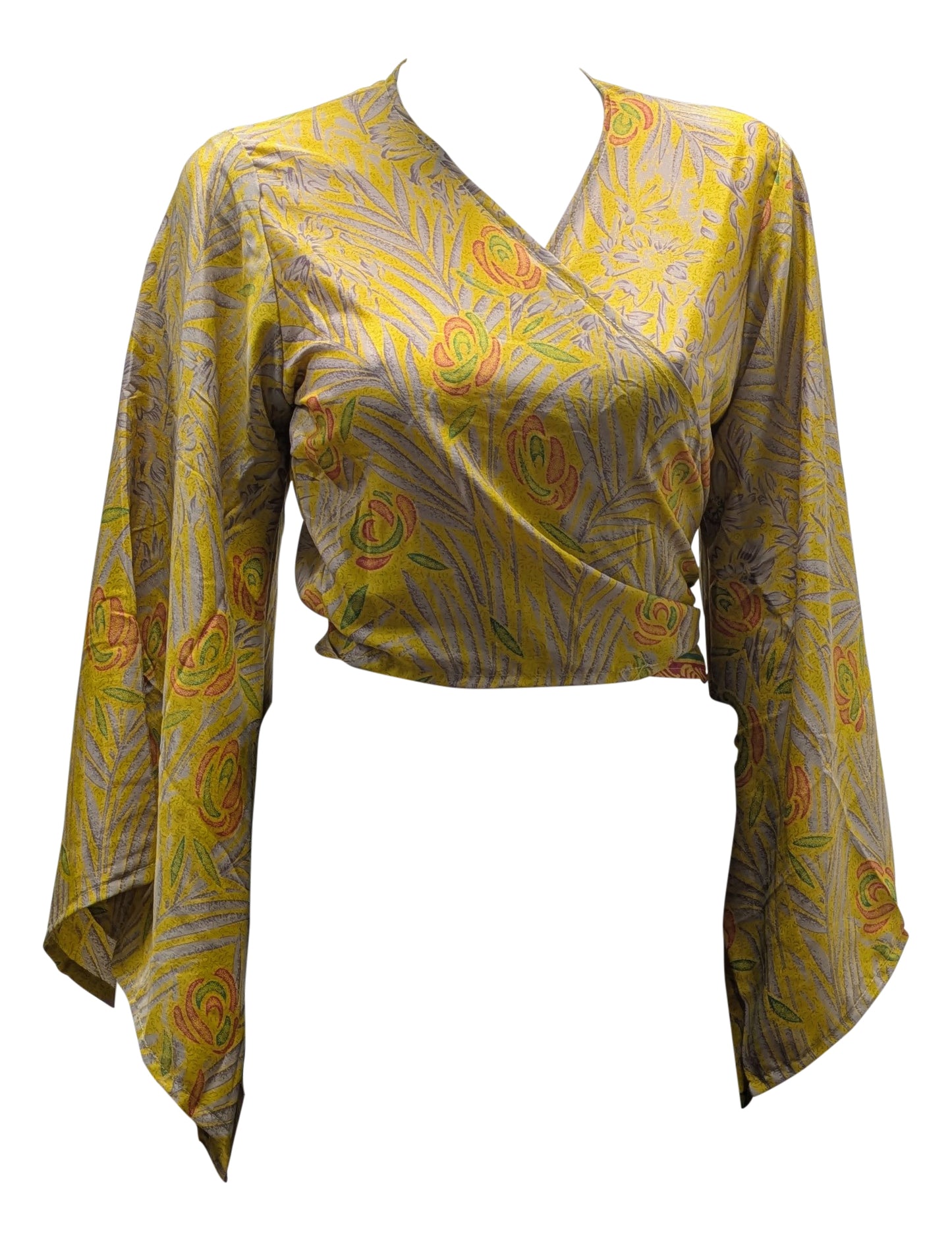 RETRO BELL SLEEVES FRONT KNOT CROP TOP WRAP BLOUSE FREE SIZE UP TO 16 P152