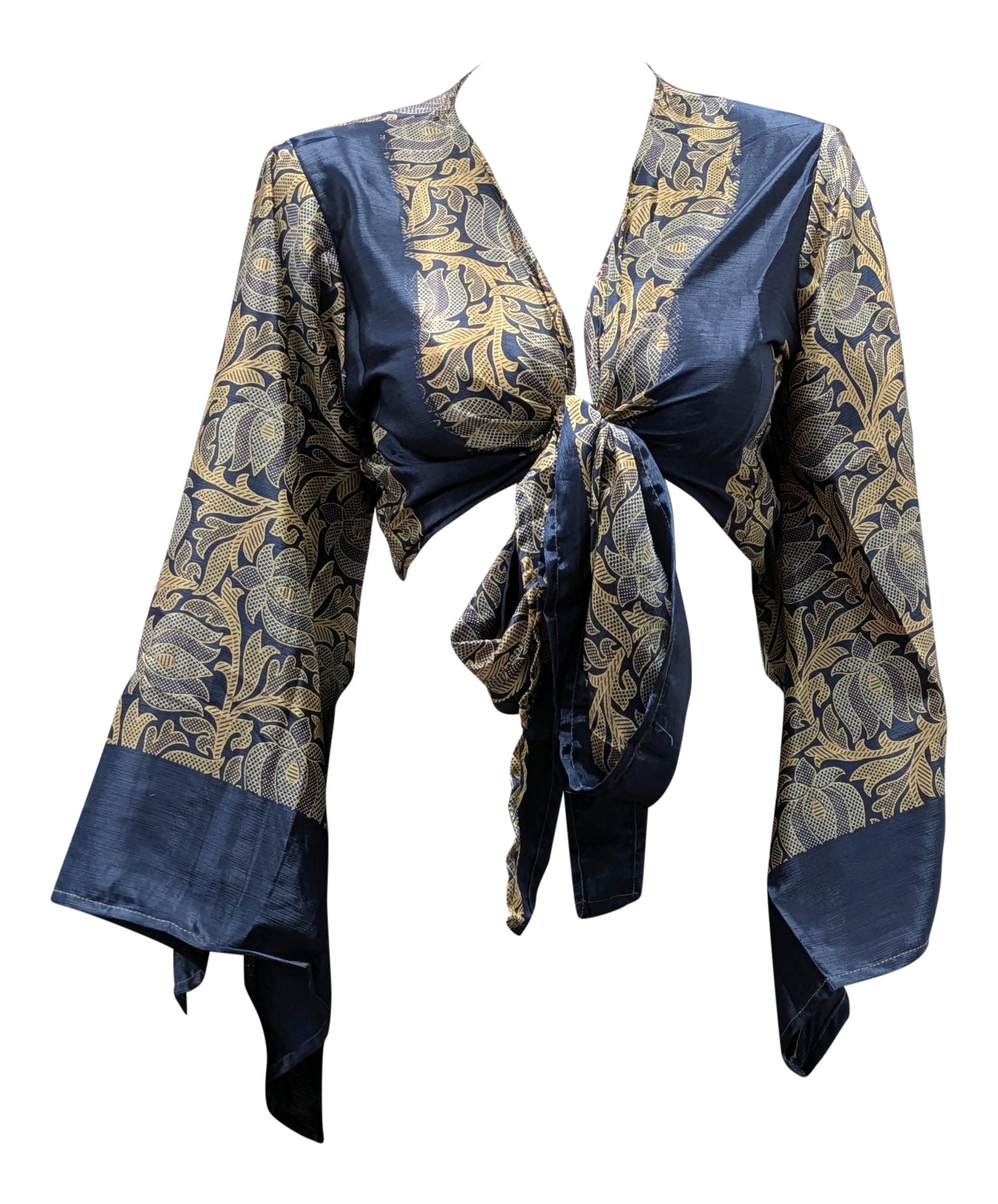 RETRO BELL SLEEVES FRONT KNOT CROP TOP WRAP BLOUSE FREE SIZE UP TO 16 P155