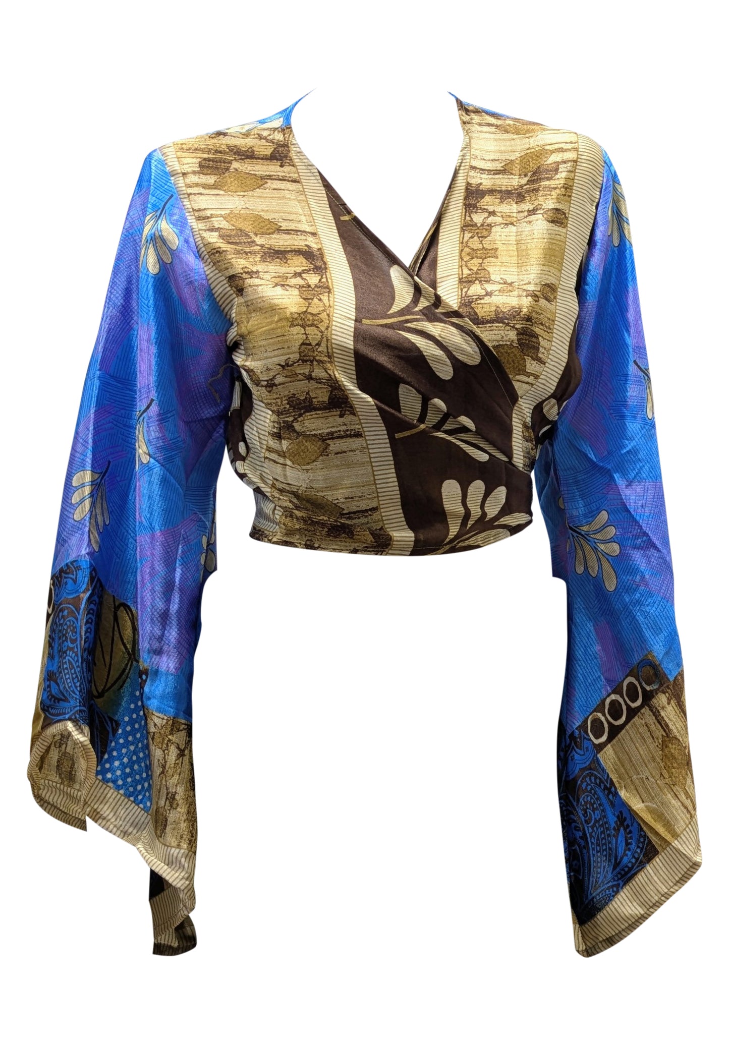 RETRO BELL SLEEVES FRONT KNOT CROP TOP WRAP BLOUSE FREE SIZE UP TO 16 P156