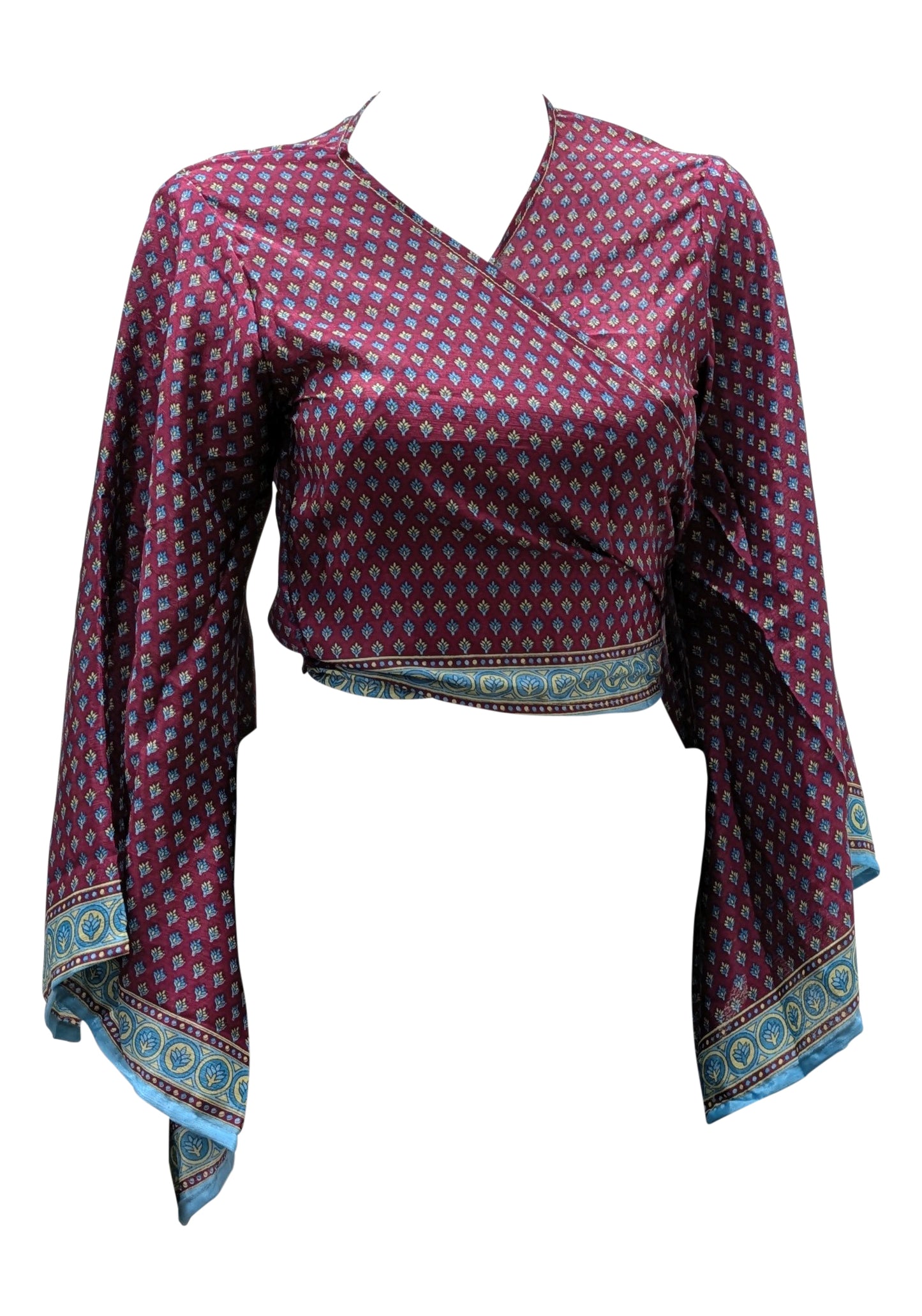 RETRO BELL SLEEVES FRONT KNOT CROP TOP WRAP BLOUSE FREE SIZE UP TO 16 P158