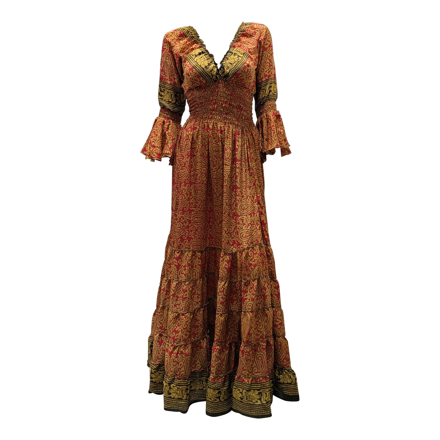 Recycled Sari Maxi Dress Boho Silk Viscose Long Sleeve Smock V-Neckline Pattern Ruffle