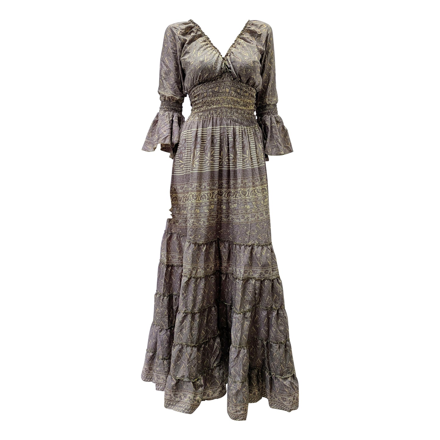 Recycled Sari Maxi Dress Boho Silk Viscose Long Sleeve Smock V-Neckline Pattern Ruffle