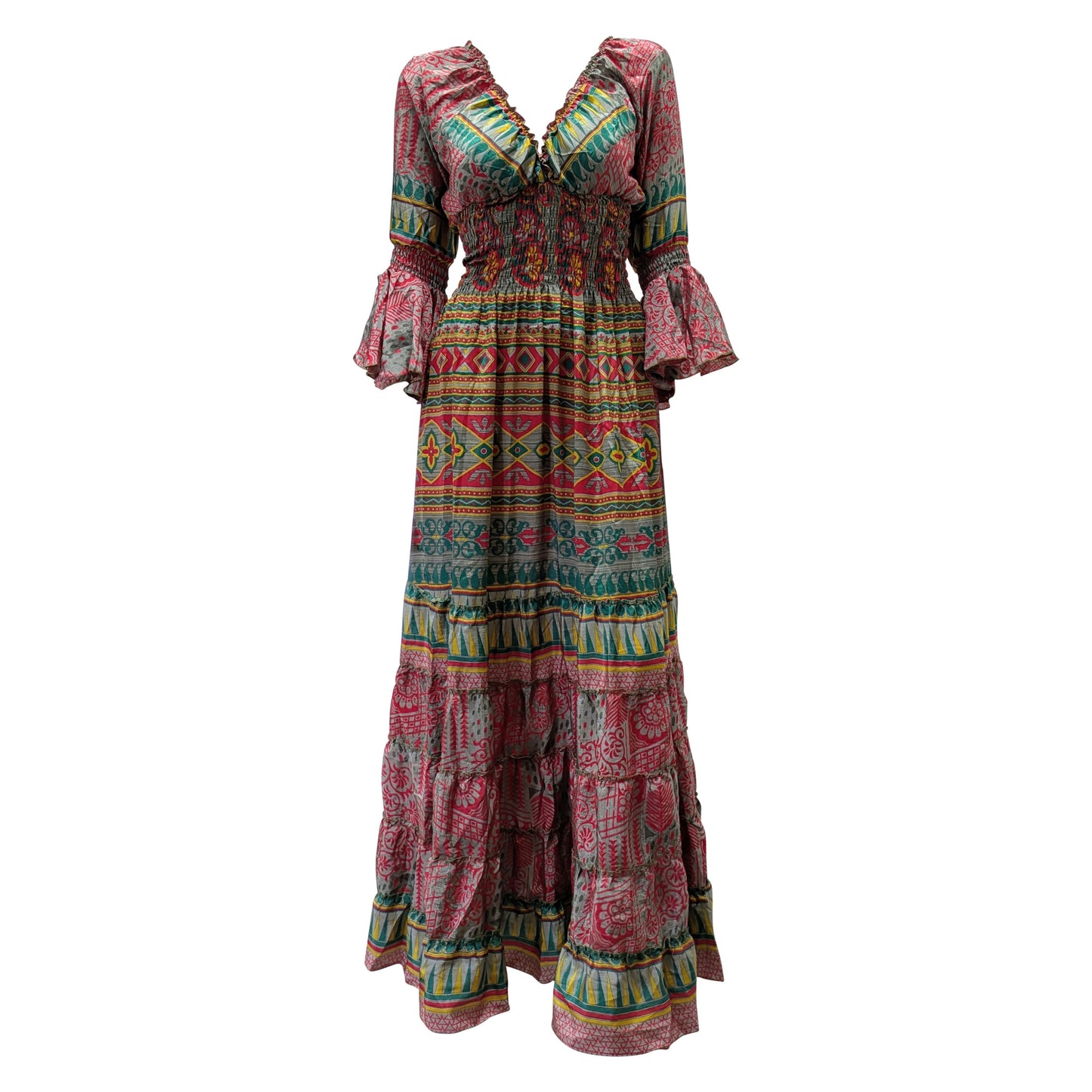 Recycled Sari Maxi Dress Boho Silk Viscose Long Sleeve Smock V-Neckline Pattern Ruffle