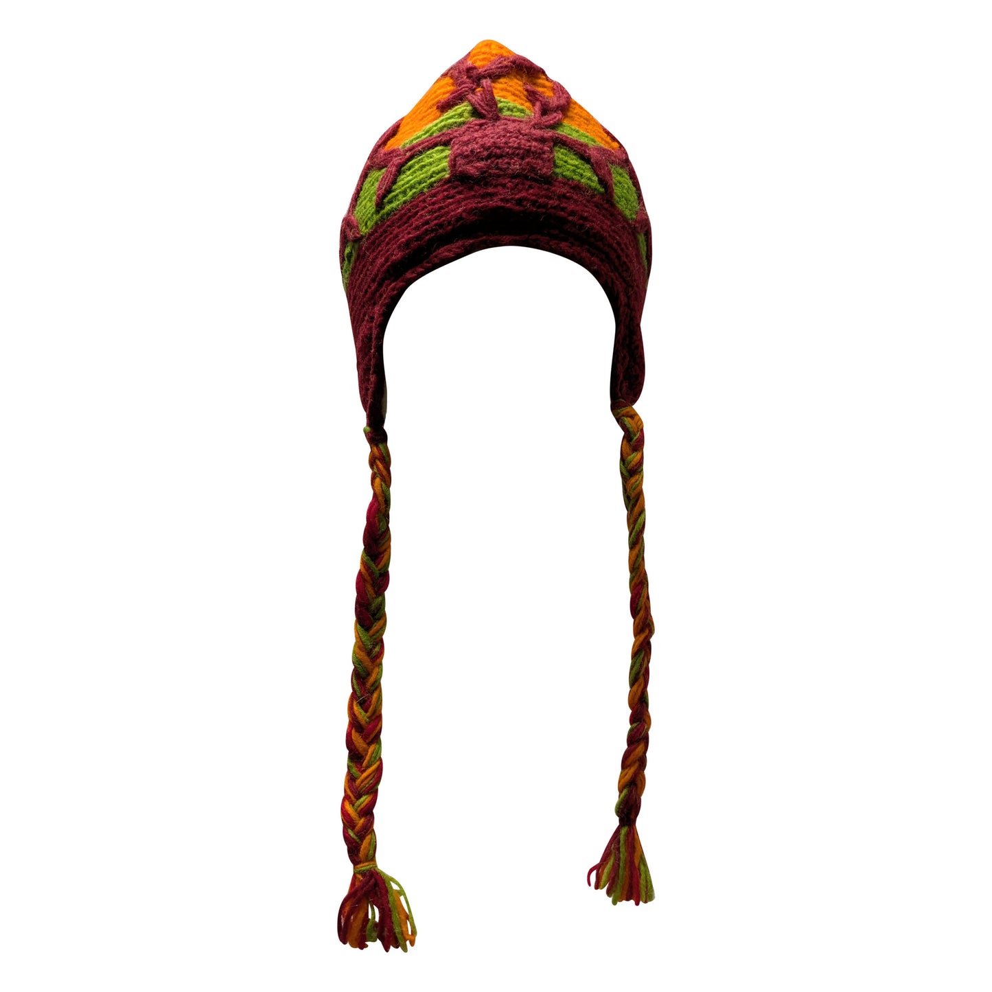 Recycled Hand Knit Embroidered Colour Block Fleece Lined Braided Tassels Bobble Winter Beanie Cap P1