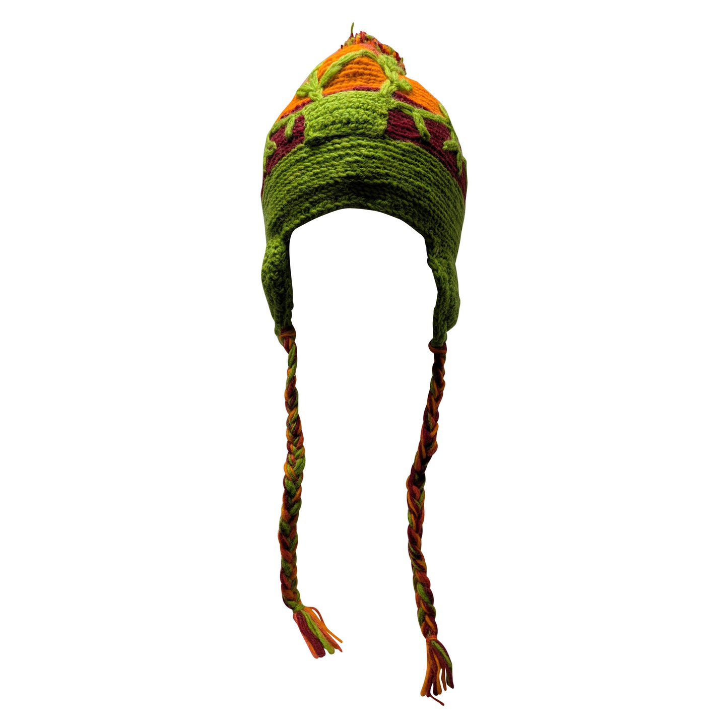 Recycled Hand Knit Embroidered Colour Block Fleece Lined Braided Tassels Bobble Winter Beanie Cap P2