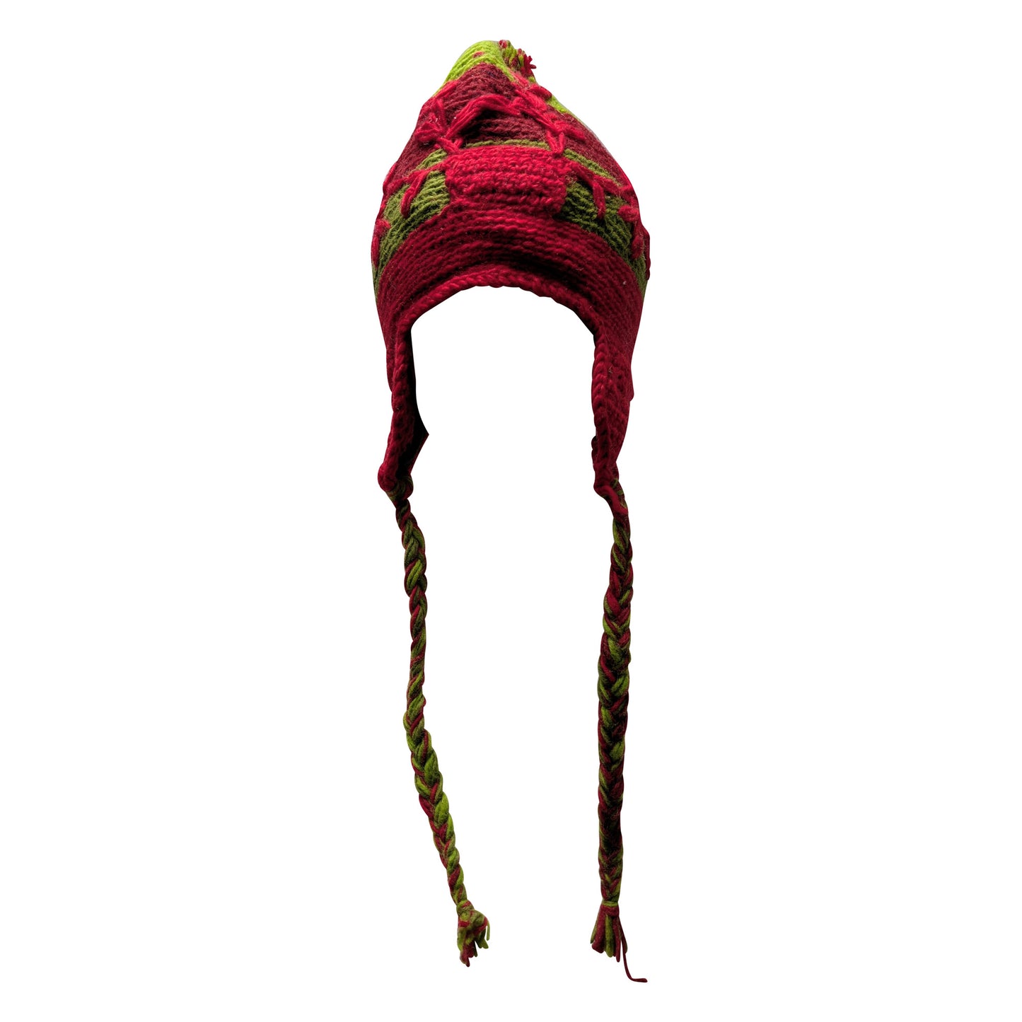 Recycled Hand Knit Embroidered Colour Block Fleece Lined Braided Tassels Bobble Winter Beanie Cap P3