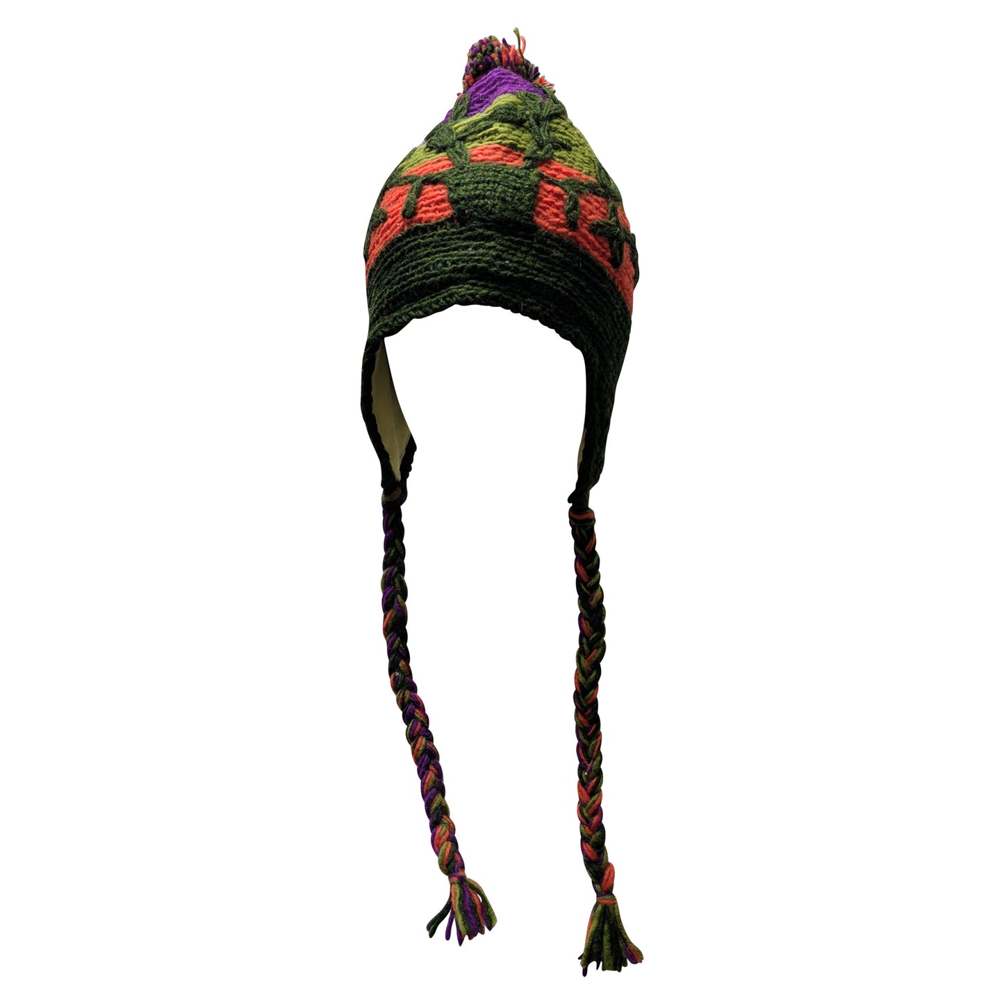 Recycled Hand Knit Embroidered Colour Block Fleece Lined Braided Tassels Bobble Winter Beanie Cap P5