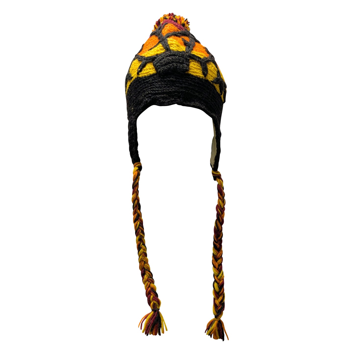 Recycled Hand Knit Embroidered Colour Block Fleece Lined Braided Tassels Bobble Winter Beanie Cap P6