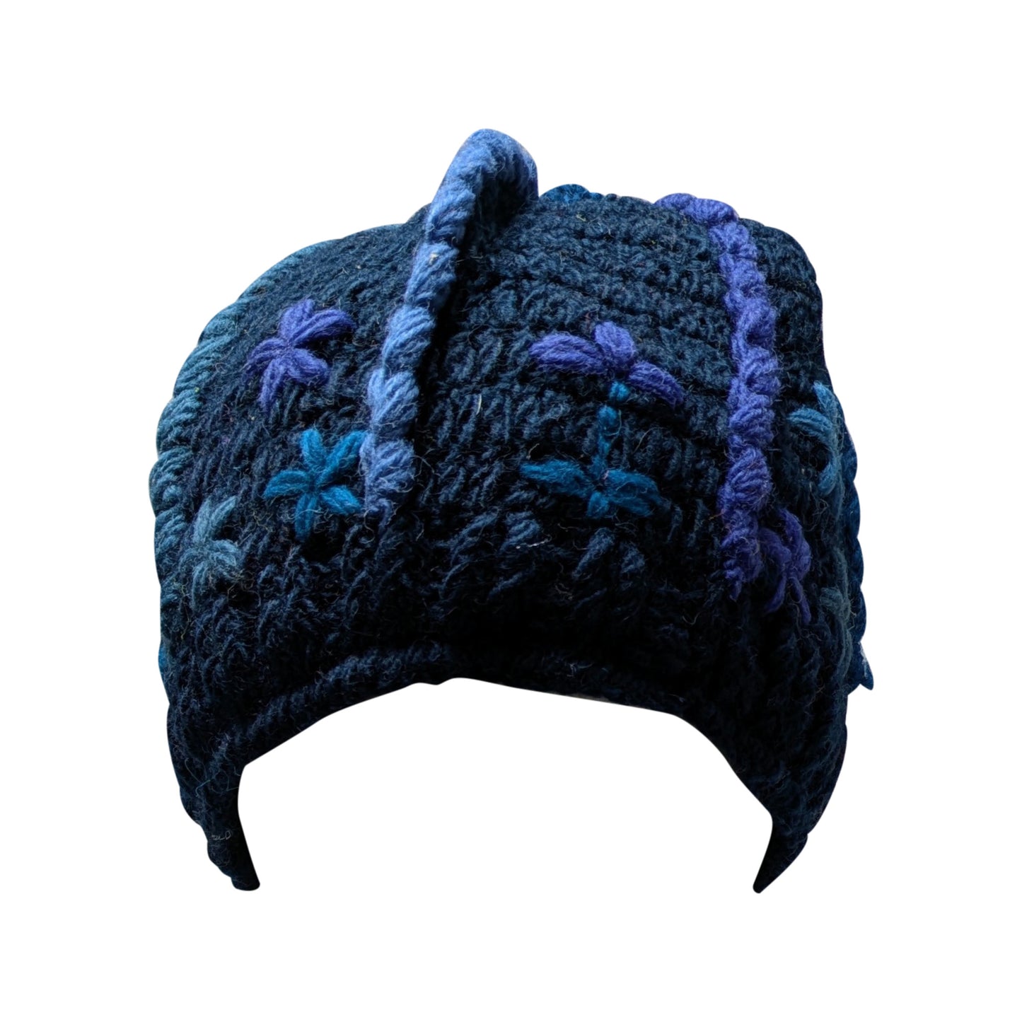 Recycled Hand Knit Squiggle Tassel Embroidered Fleece Lined Boho Beanie Cap Hat P10