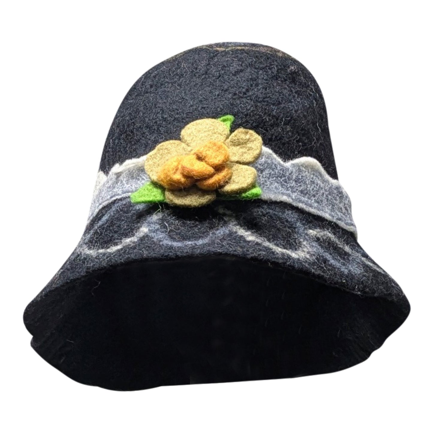 Recycled Handmade Cloche Bucket Style Swirl Boho Floral Felt Winter Hat P10