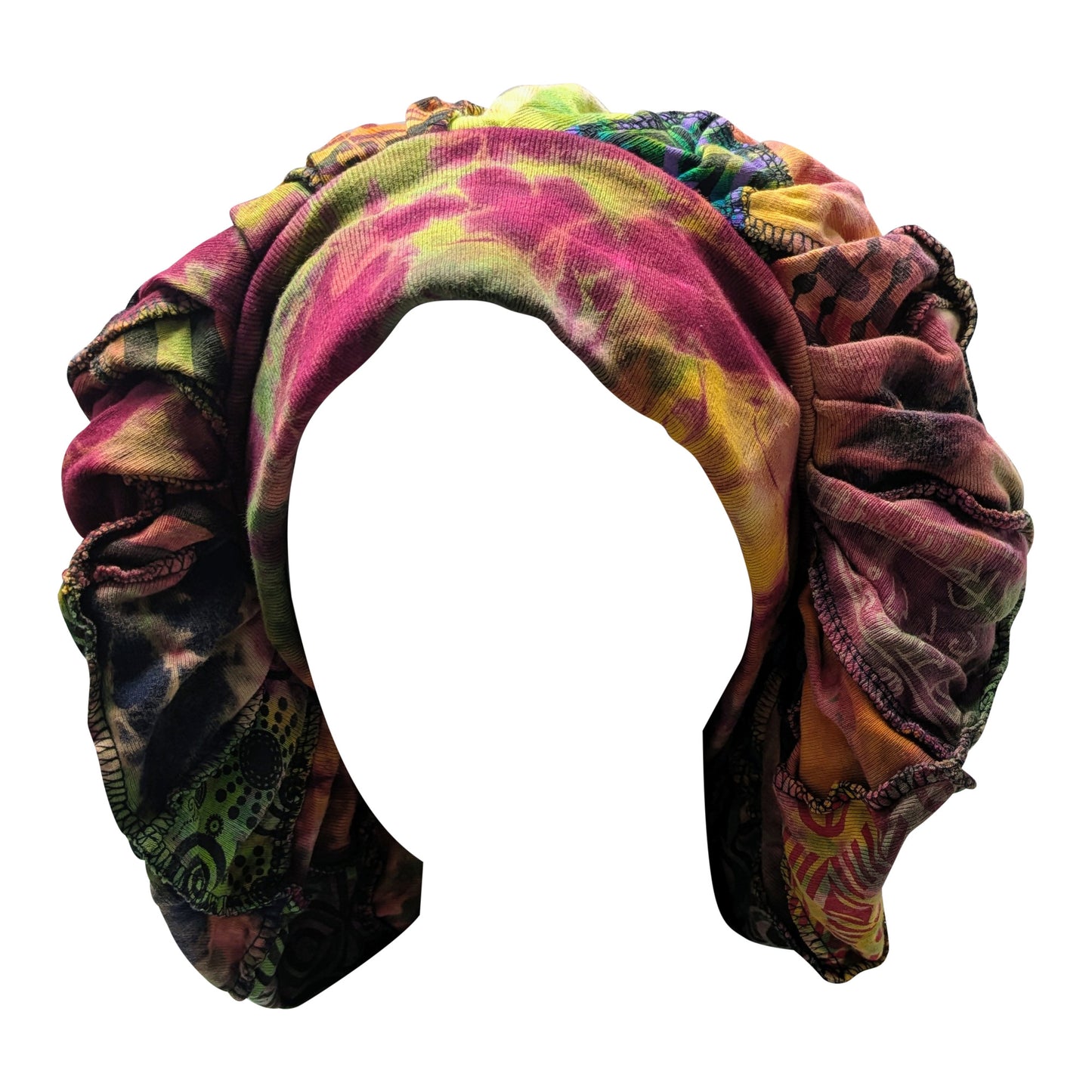 Recycled Reversible Bohemian Patchwork Block Print Wide Band Bonnet Winter Hat P1