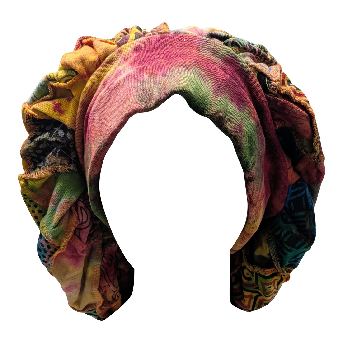 Recycled Reversible Bohemian Patchwork Block Print Wide Band Bonnet Winter Hat P4