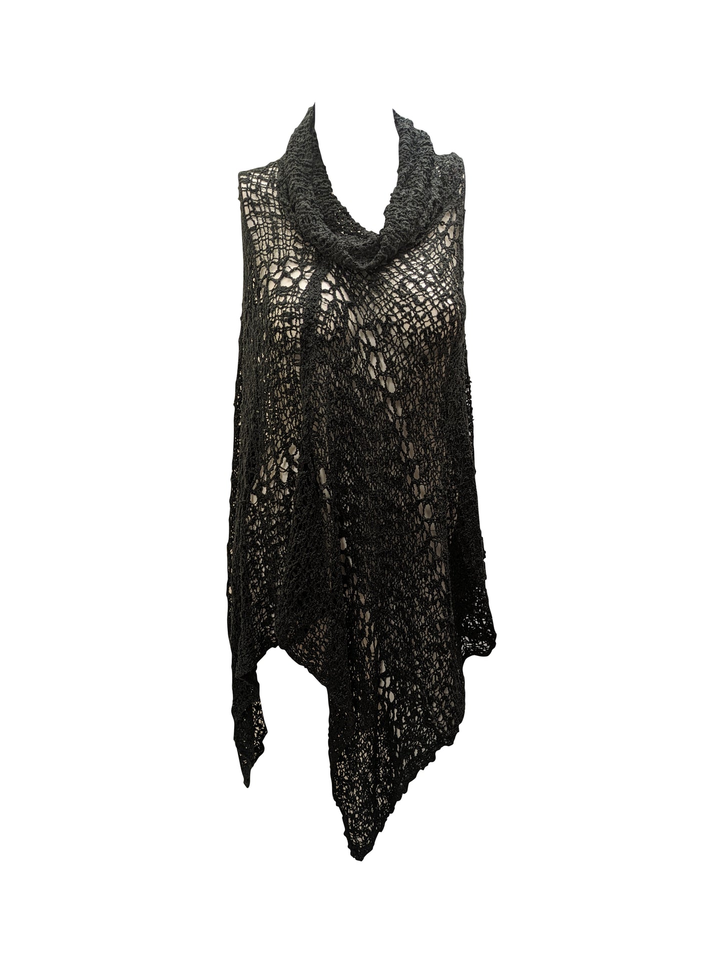 Womens Plus Size Boho Crochet Cowl Neck Knit Poncho Shawl Pullover Top Free Size 8 - 28 - BLACK