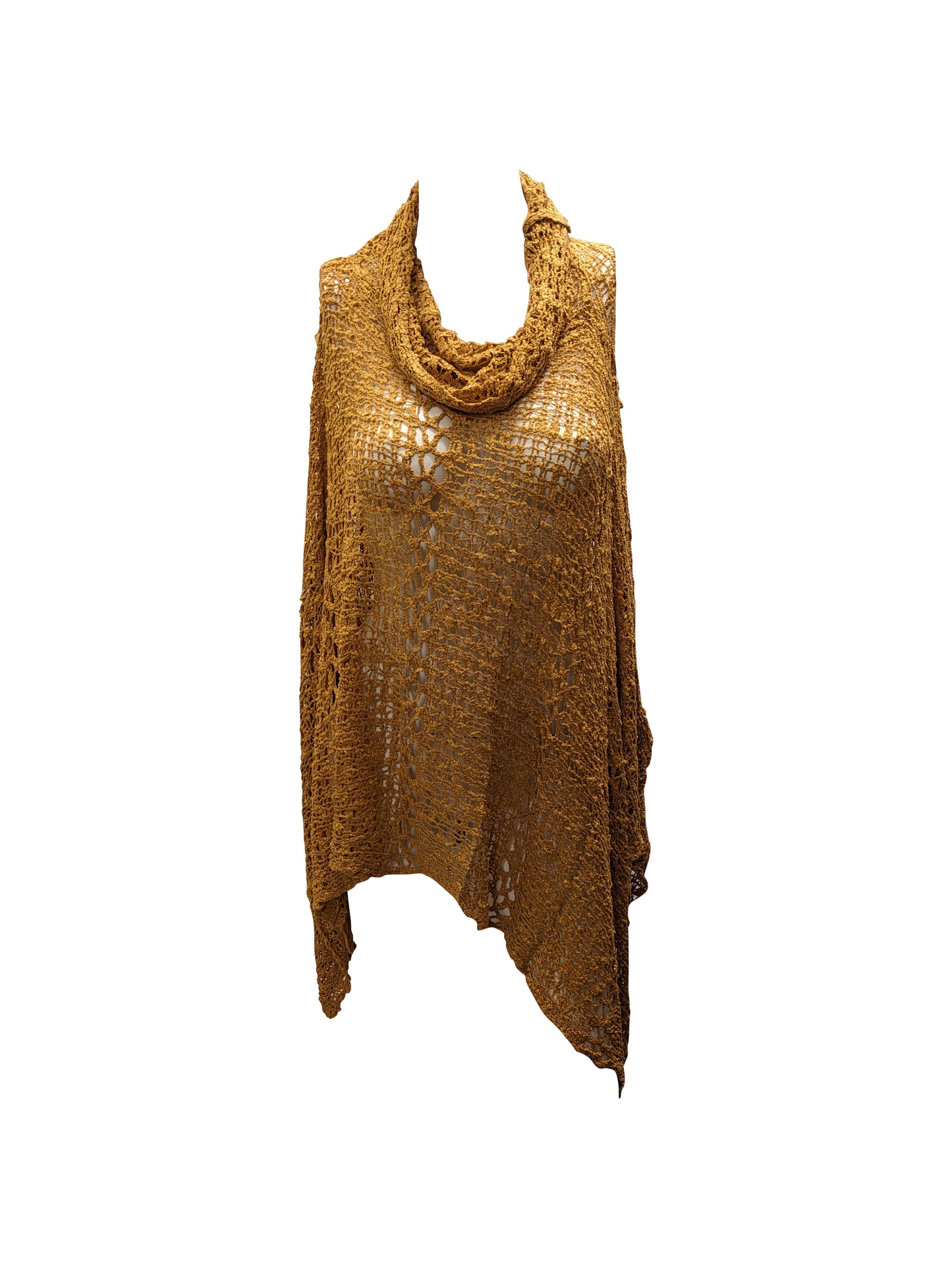 Womens Plus Size Boho Crochet Cowl Neck Knit Poncho Shawl Pullover Top Free Size 8 - 28 - GOLD