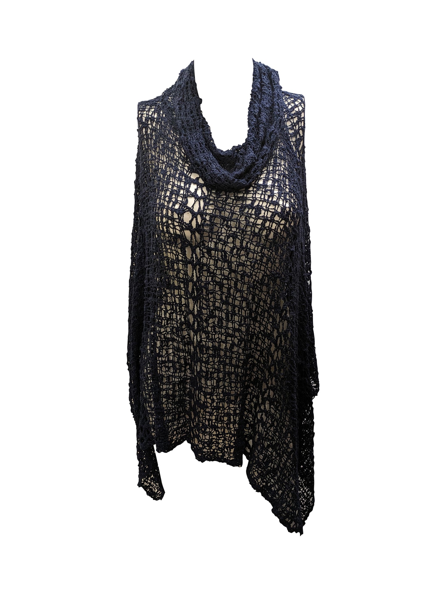 Womens Plus Size Boho Crochet Cowl Neck Knit Poncho Shawl Pullover Top Free Size 8 - 28 - NAVY