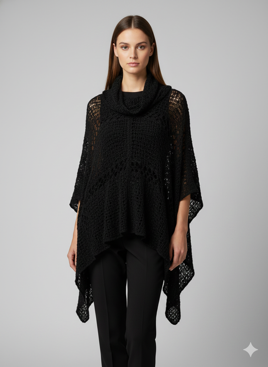 Womens Plus Size Boho Crochet Cowl Neck Knit Poncho Shawl Pullover Top Free Size 8 - 28 - BLACK