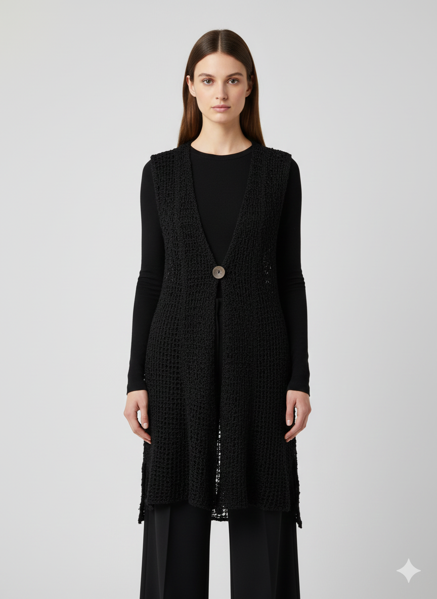 Womens Handmade Boho Crochet Sleeveless Knit Cardigan Longline Jacket Free Size One Size UK 8-20 Black
