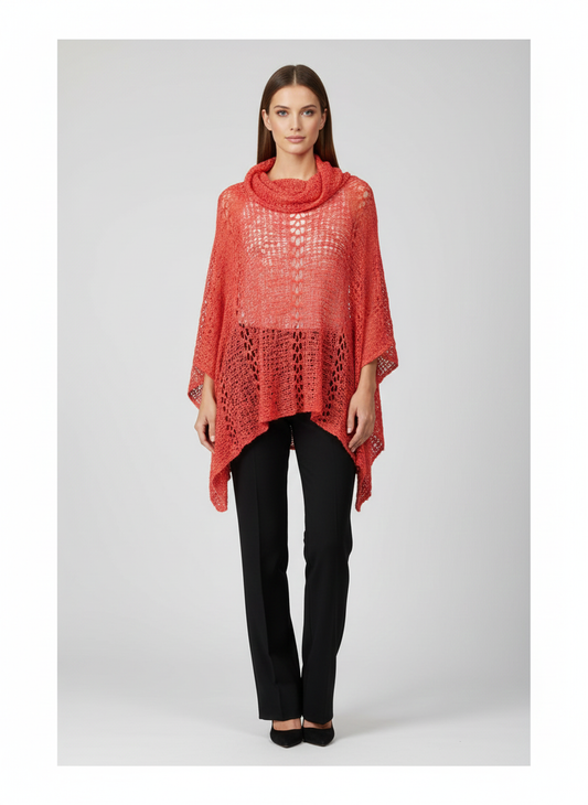 Womens Plus Size Boho Crochet Cowl Neck Knit Poncho Shawl Pullover Top Free Size 8 - 28 - CORAL
