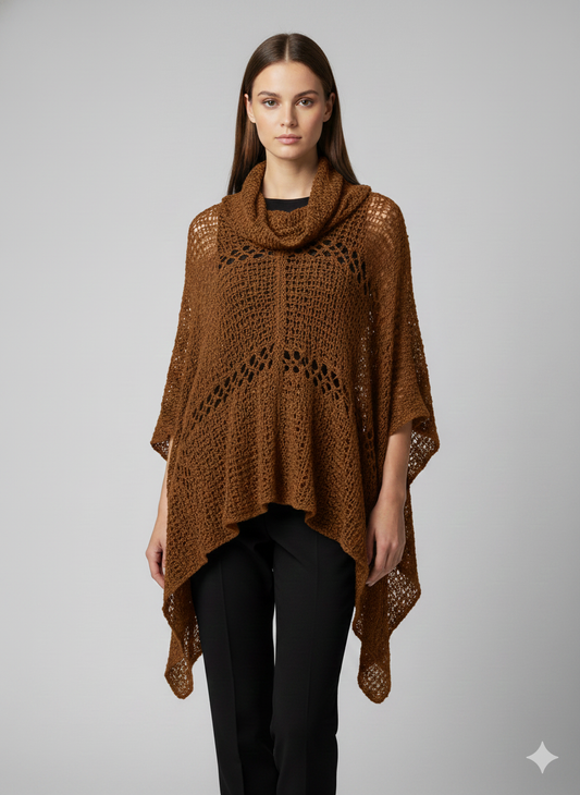 Womens Plus Size Boho Crochet Cowl Neck Knit Poncho Shawl Pullover Top Free Size 8 - 28 - GOLD
