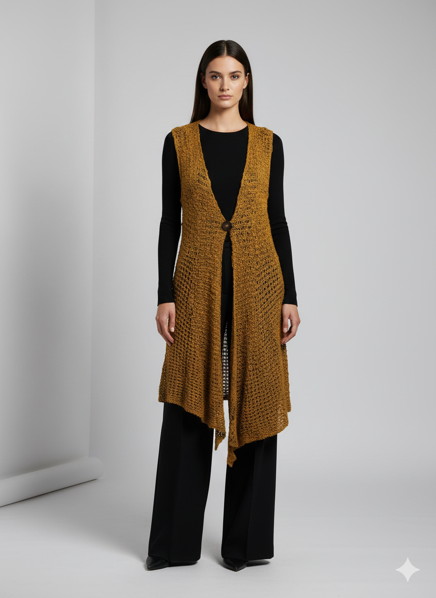 Womens Handmade Boho Crochet Sleeveless Knit Cardigan Longline Jacket Free Size One Size UK 8-20 Gold