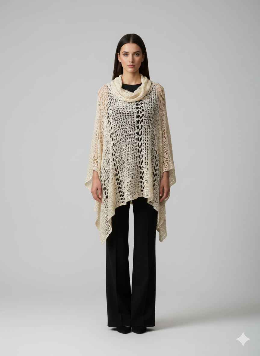 Womens Plus Size Boho Crochet Cowl Neck Knit Poncho Shawl Pullover Top Free Size 8 - 28 - IVORY