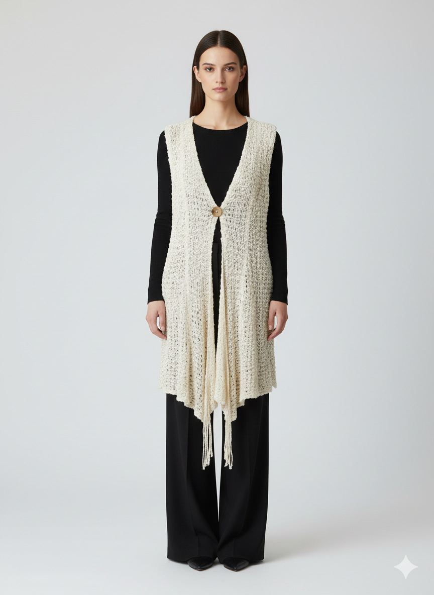 Womens Handmade Boho Crochet Sleeveless Knit Cardigan Longline Jacket Free Size One Size UK 8-20 Ivory