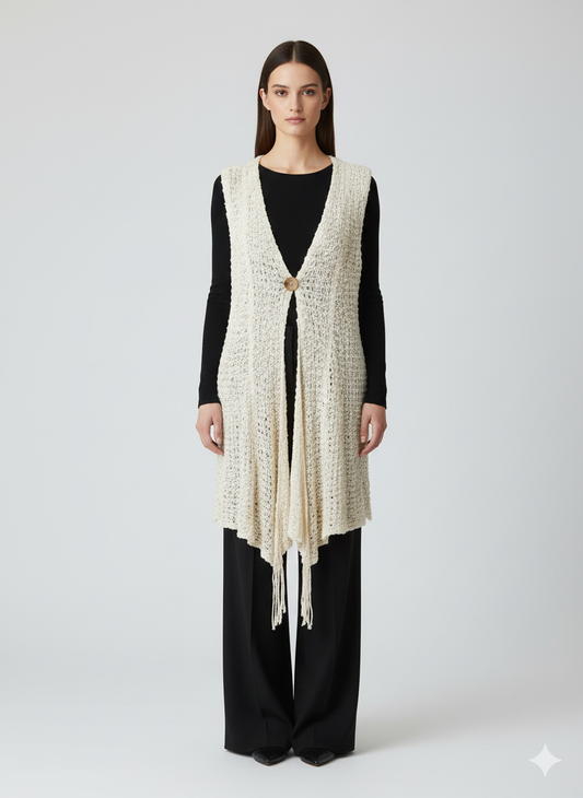 Womens Handmade Boho Crochet Sleeveless Knit Cardigan Longline Jacket Free Size One Size UK 8-20 Ivory