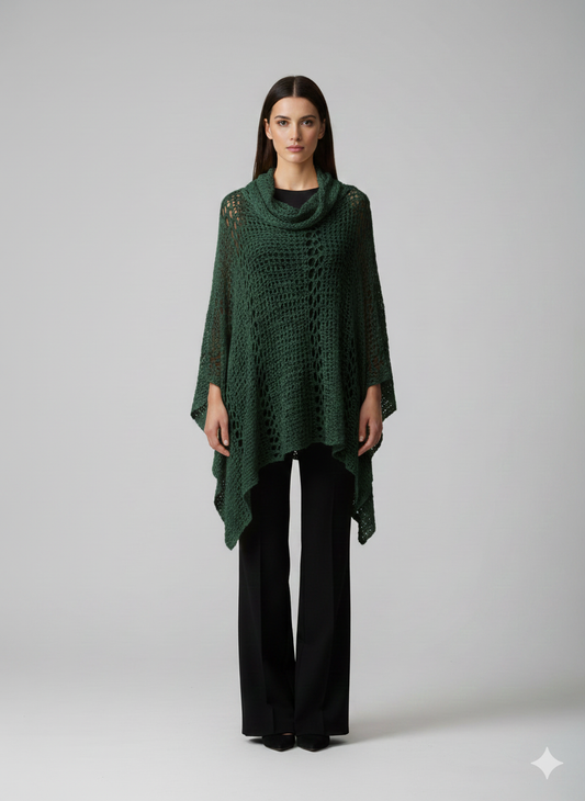 Womens Plus Size Boho Crochet Cowl Neck Knit Poncho Shawl Pullover Top Free Size 8 - 28 - JADE
