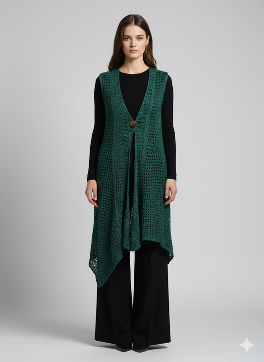 Womens Handmade Boho Crochet Sleeveless Knit Cardigan Longline Jacket Free Size One Size UK 8-20 Jade