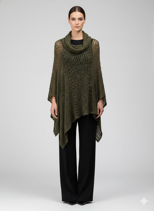 Womens Plus Size Boho Crochet Cowl Neck Knit Poncho Shawl Pullover Top Free Size 8 - 28 - KHAKI