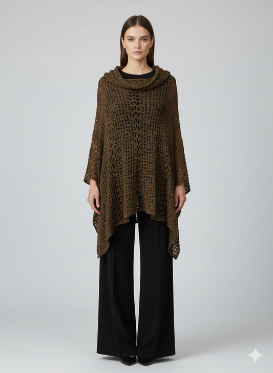 Womens Plus Size Boho Crochet Cowl Neck Knit Poncho Shawl Pullover Top Free Size 8 - 28 - LATTE