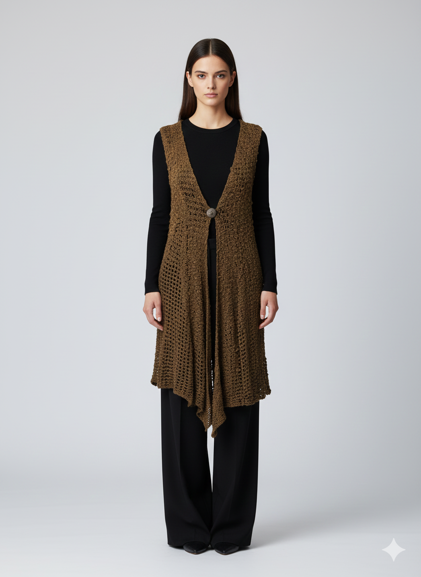 Womens Handmade Boho Crochet Sleeveless Knit Cardigan Longline Jacket Free Size One Size UK 8-20 latte