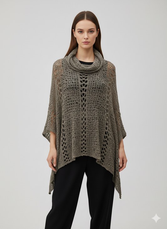 Womens Plus Size Boho Crochet Cowl Neck Knit Poncho Shawl Pullover Top Free Size 8 - 28 - LIGHT GREY