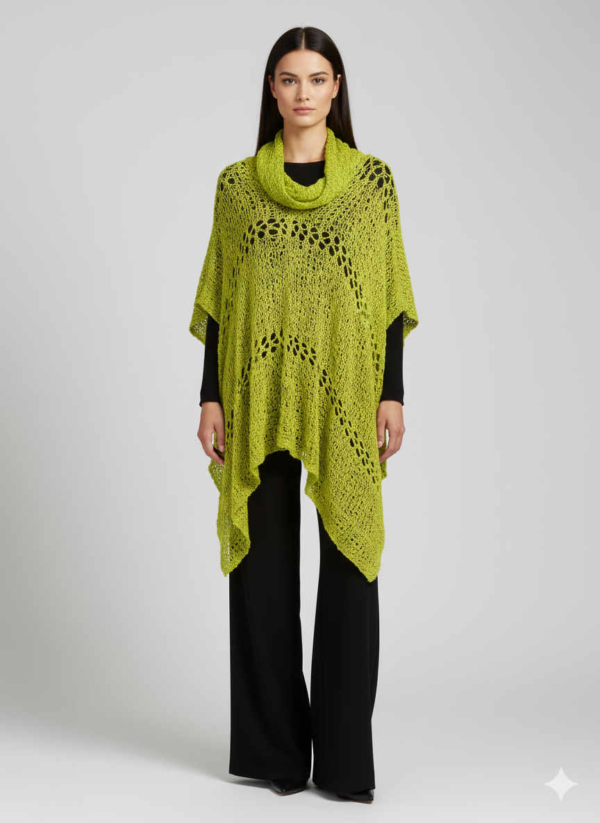 Womens Plus Size Boho Crochet Cowl Neck Knit Poncho Shawl Pullover Top Free Size 8 - 28 - LIME