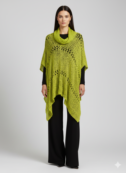 Womens Plus Size Boho Crochet Cowl Neck Knit Poncho Shawl Pullover Top Free Size 8 - 28 - LIME
