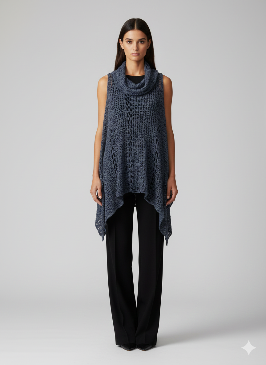 Womens Plus Size Boho Crochet Cowl Neck Knit Poncho Shawl Pullover Top Free Size 8 - 28 - MID BLUE