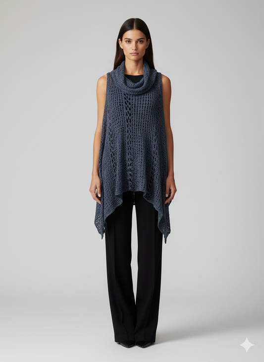 Womens Plus Size Boho Crochet Cowl Neck Knit Poncho Shawl Pullover Top Free Size 8 - 28 - MID BLUE