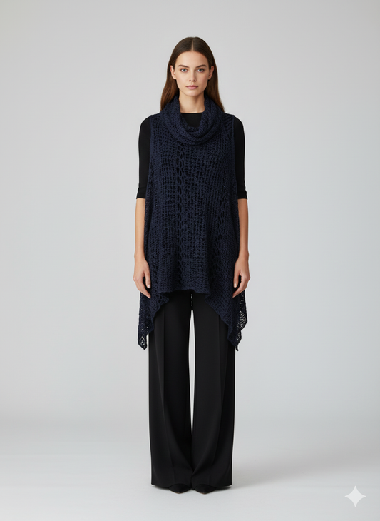 Womens Plus Size Boho Crochet Cowl Neck Knit Poncho Shawl Pullover Top Free Size 8 - 28 - NAVY