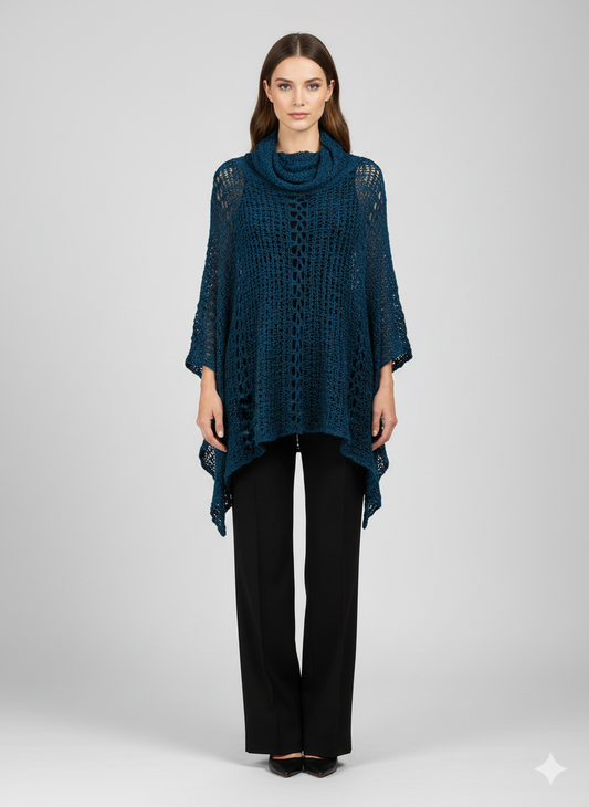 Womens Plus Size Boho Crochet Cowl Neck Knit Poncho Shawl Pullover Top Free Size 8 - 28 - PETROL BLUE