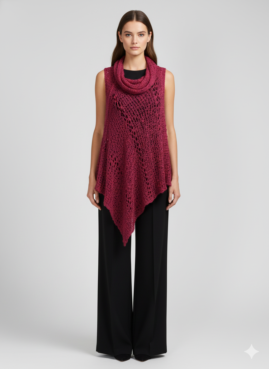 Womens Plus Size Boho Crochet Cowl Neck Knit Poncho Shawl Pullover Top Free Size 8 - 28 - RASPBERRY