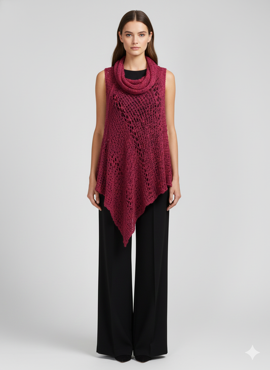 Womens Plus Size Boho Crochet Cowl Neck Knit Poncho Shawl Pullover Top Free Size 8 - 28 - RASPBERRY