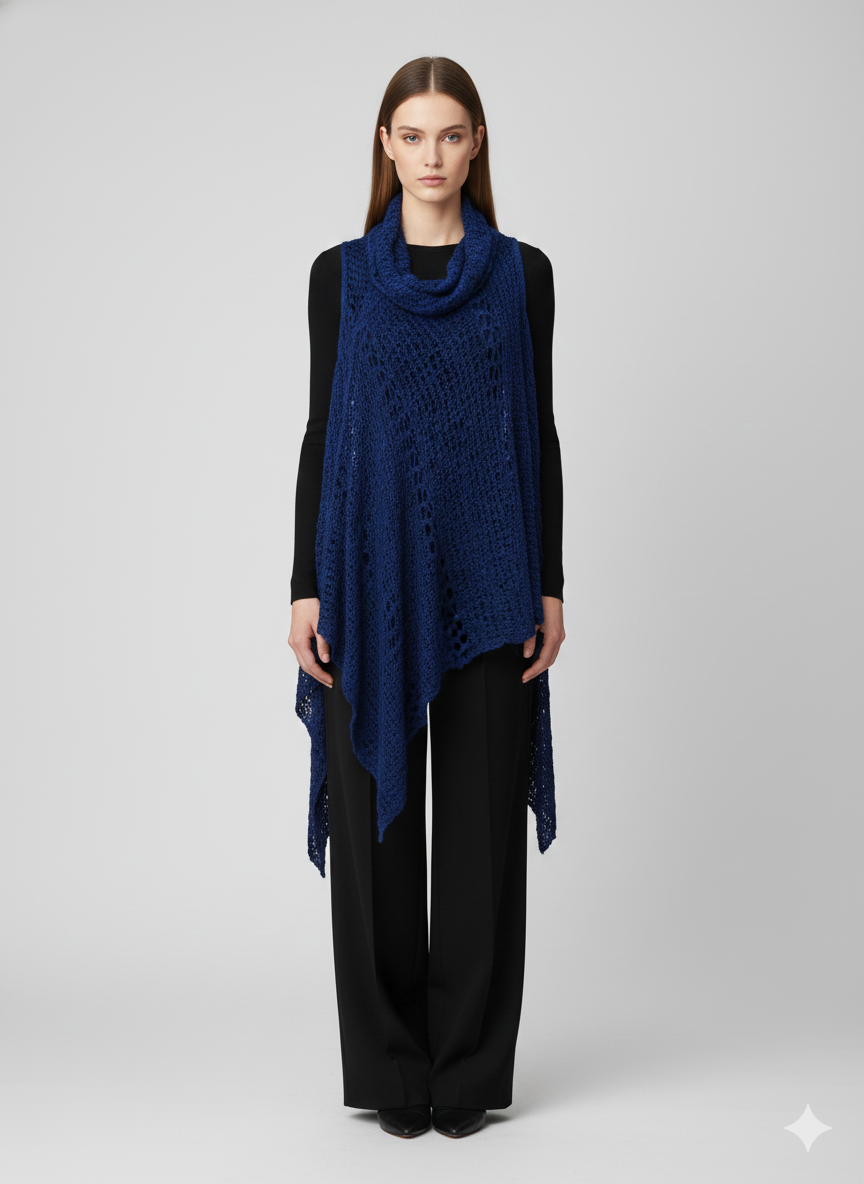 Womens Plus Size Boho Crochet Cowl Neck Knit Poncho Shawl Pullover Top Free Size 8 - 28 - ROYAL BLLUE
