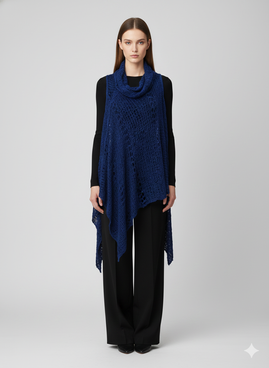 Womens Plus Size Boho Crochet Cowl Neck Knit Poncho Shawl Pullover Top Free Size 8 - 28 - ROYAL BLLUE